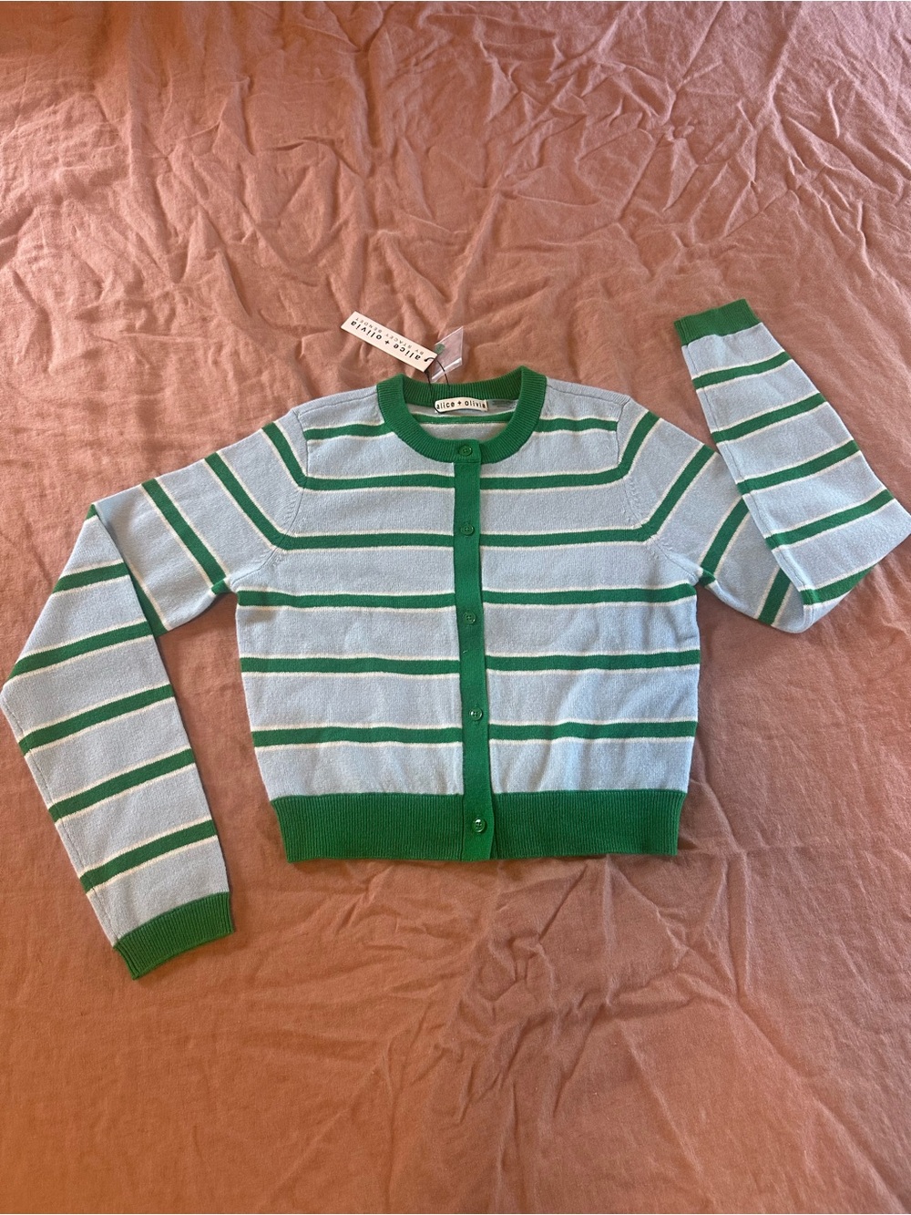 Alice + Olivia Green and Light Blue Striped Cropped Cardigan